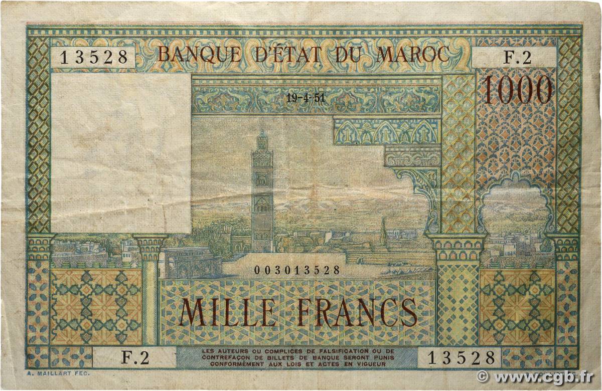 1000 Francs MOROCCO 1951 P.47 F