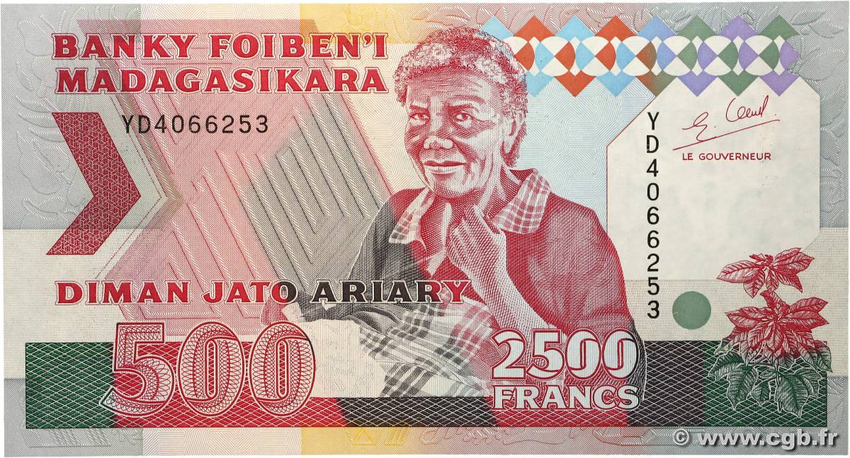 2500 Francs - 500 Ariary MADAGASCAR 1988 P.072Ab UNC