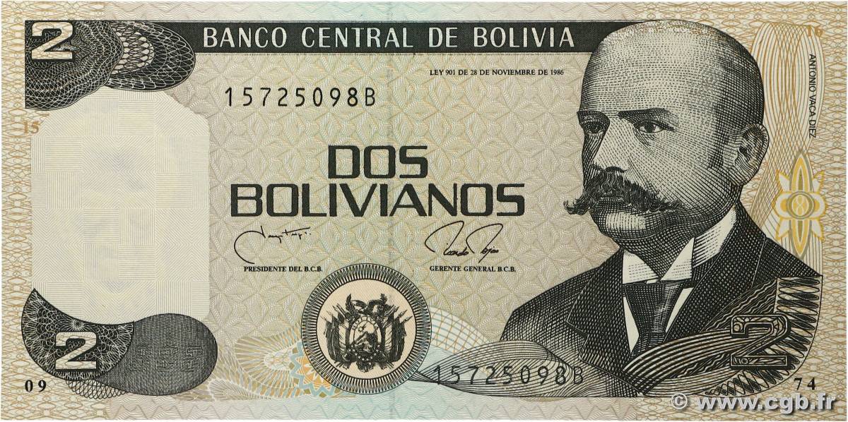2 Bolivianos BOLIVIA 1987 P.202b UNC