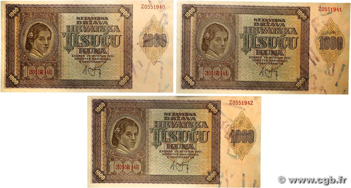 1000 Kuna Lot CROATIA 1941 P.04a UNC-