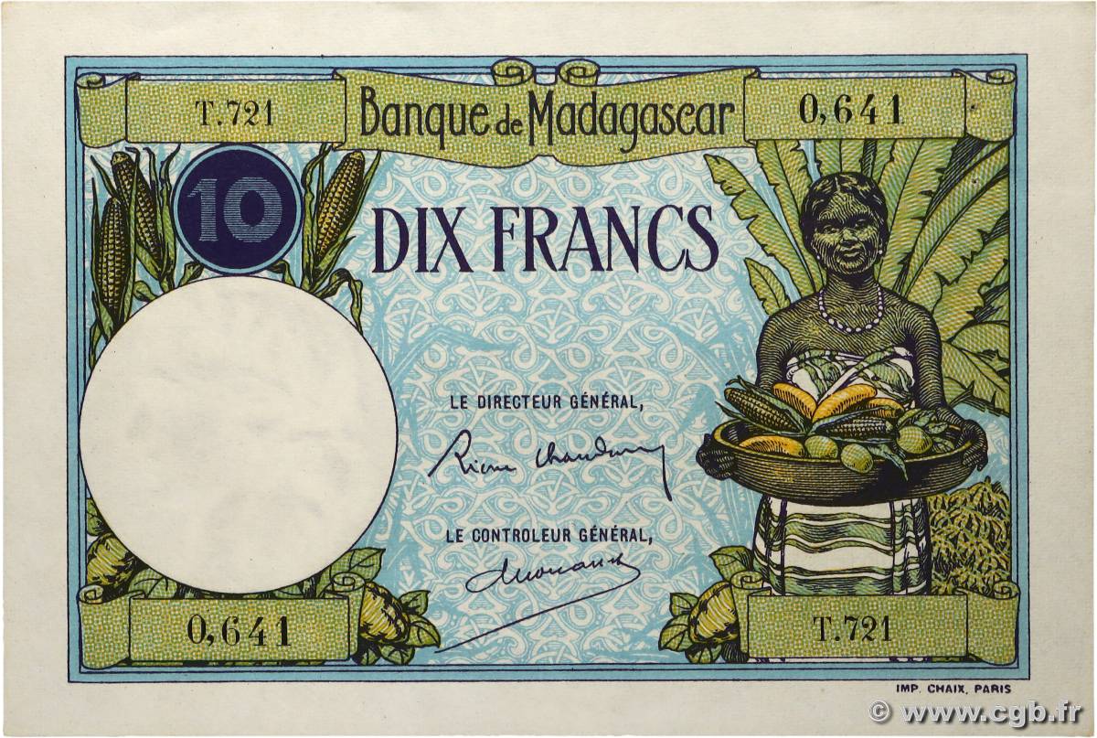 10 Francs MADAGASCAR 1937 P.036 AU