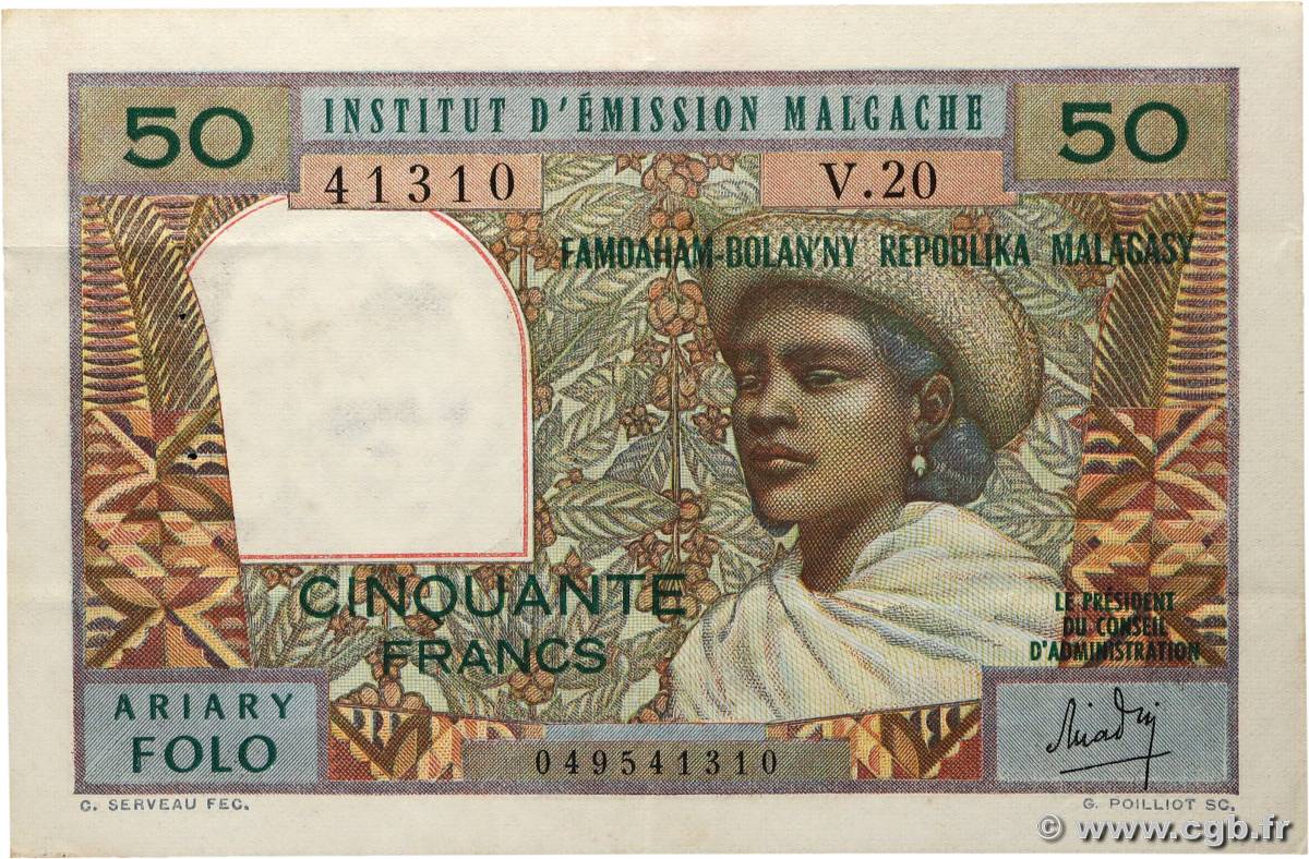 50 Francs - 10 Ariary MADAGASCAR 1969 P.061 VF+