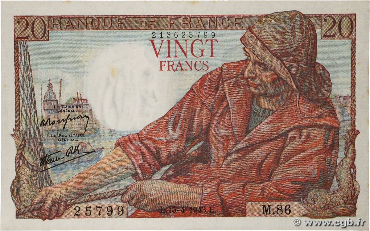 20 Francs PÊCHEUR FRANCE 1943 F.13.06 XF