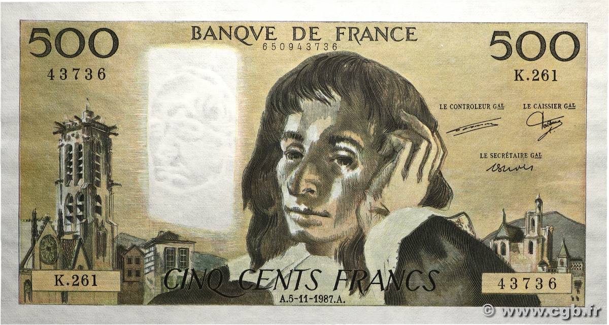 500 Francs PASCAL FRANKREICH 1987 F.71.37 fST+