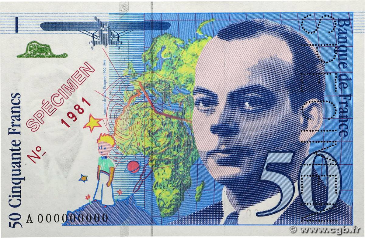 50 Francs SAINT-EXUPÉRY Spécimen FRANKREICH 1992 F.72.02Spn fST+