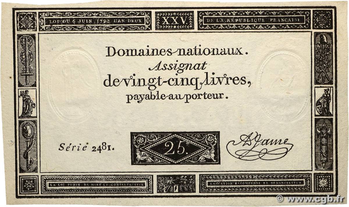 25 Livres FRANKREICH 1793 Ass.43a ST