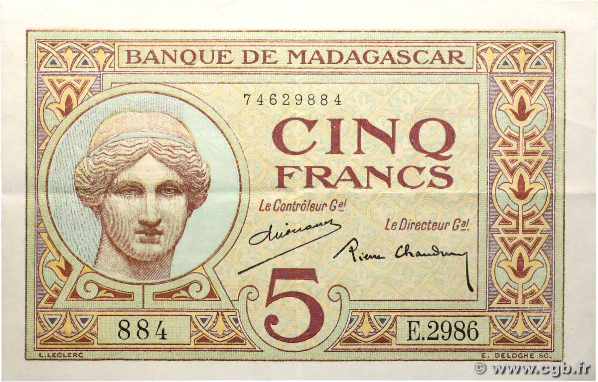 5 Francs MADAGASCAR 1937 P.035 SPL