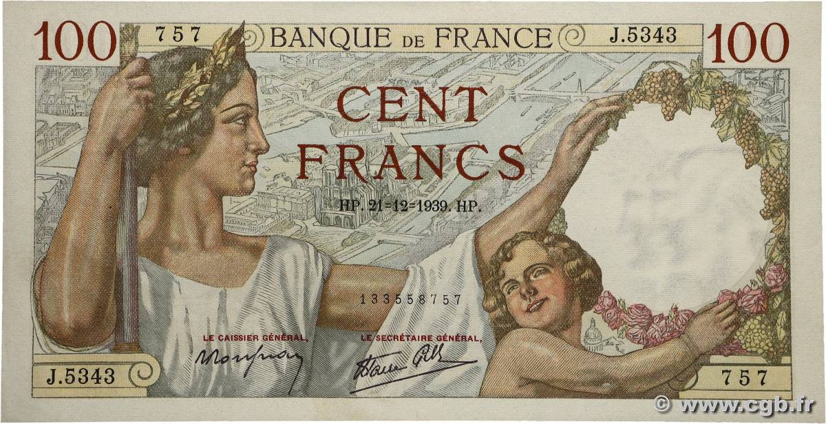 100 Francs SULLY FRANKREICH 1939 F.26.18 fST