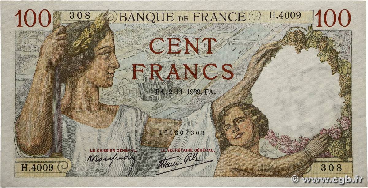 100 Francs SULLY FRANKREICH 1939 F.26.13 fST+