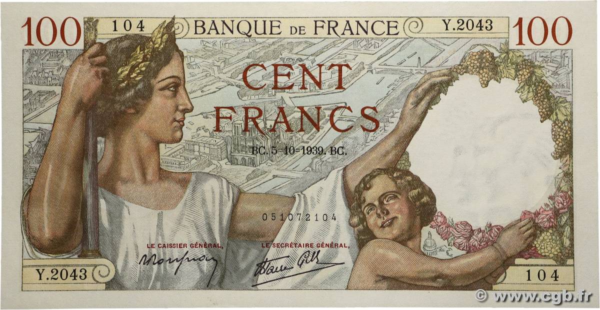 100 Francs SULLY FRANKREICH 1939 F.26.09 fST+