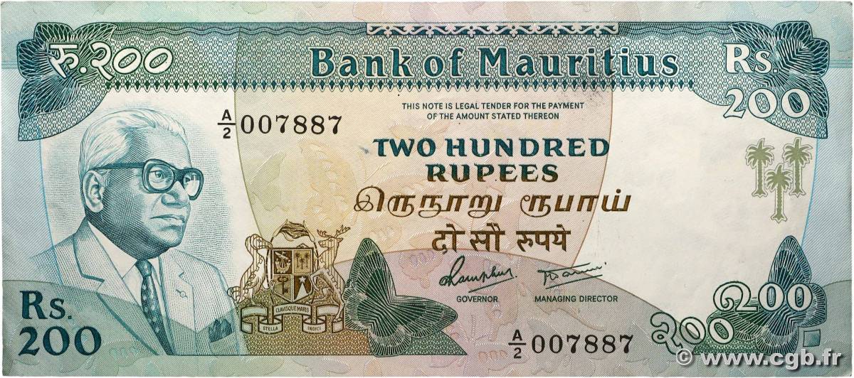 200 Rupees ISOLE MAURIZIE 1986 P.39a SPL