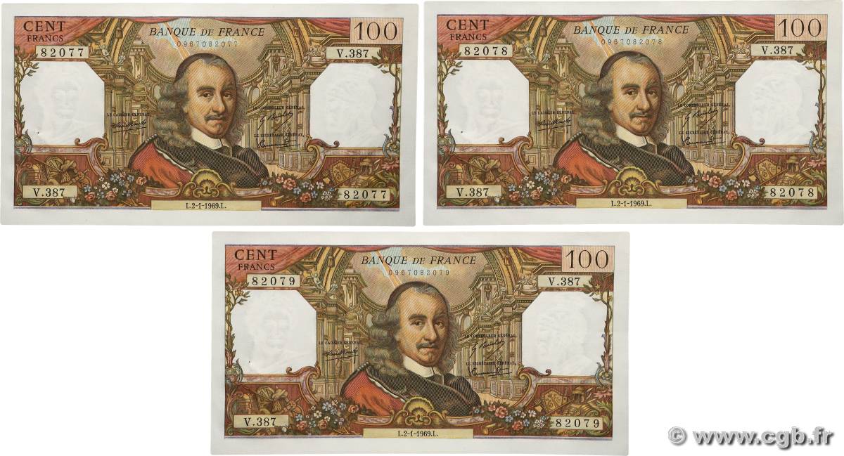 100 Francs CORNEILLE Consécutifs FRANCE 1969 F.65.25 AU