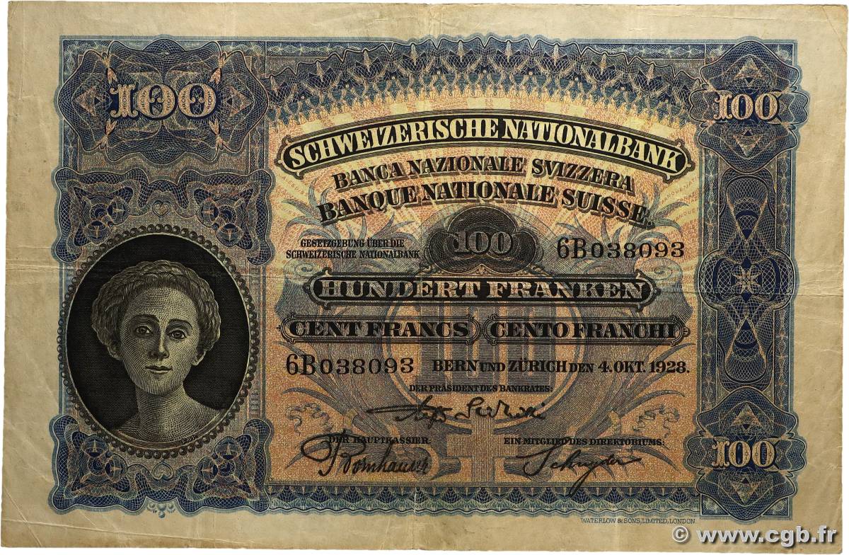 100 Francs SUISSE 1928 P.35e pr.TTB