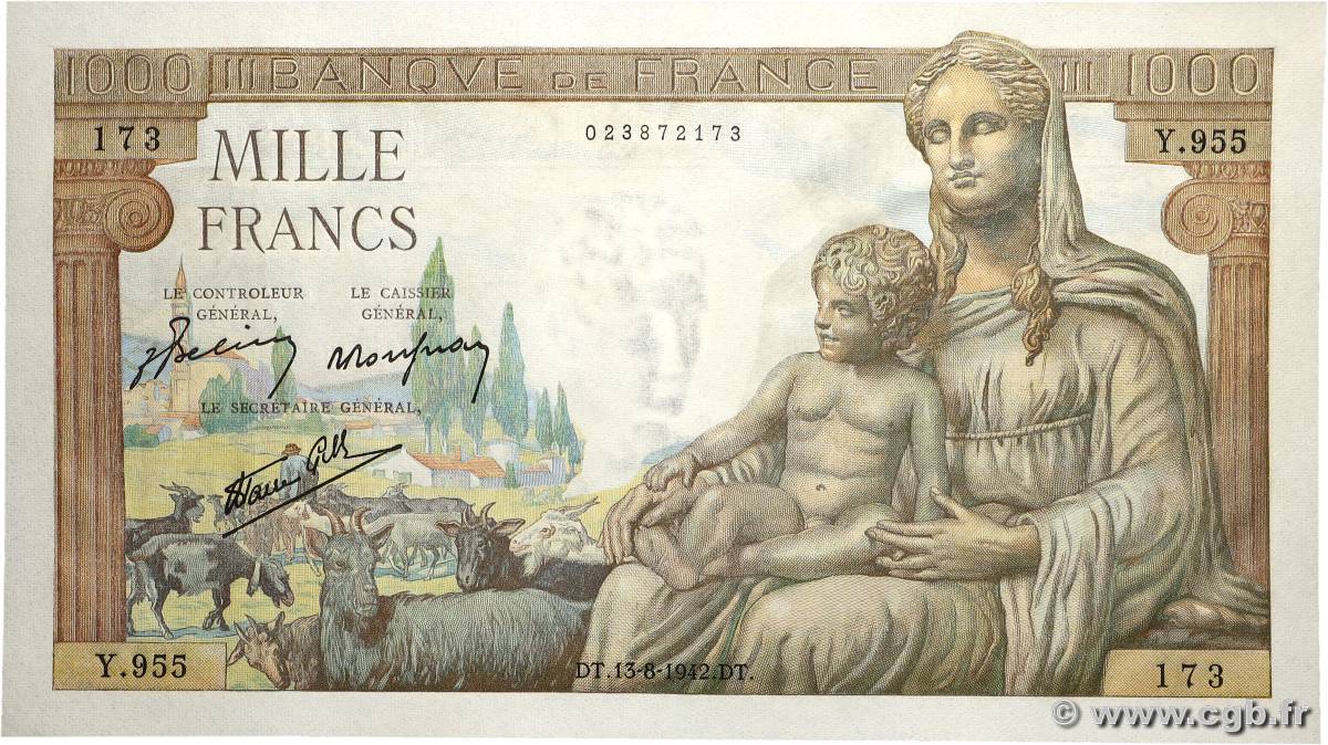 1000 Francs DÉESSE DÉMÉTER FRANKREICH 1942 F.40.04 fST+