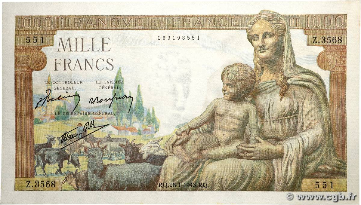 1000 Francs DÉESSE DÉMÉTER FRANKREICH 1943 F.40.17 fST+