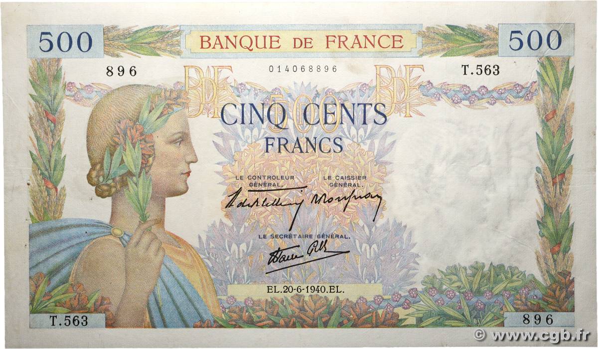 500 Francs LA PAIX FRANCE 1940 F.32.03 SUP