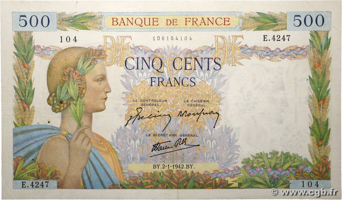 500 Francs LA PAIX FRANCE 1942 F.32.26 VF