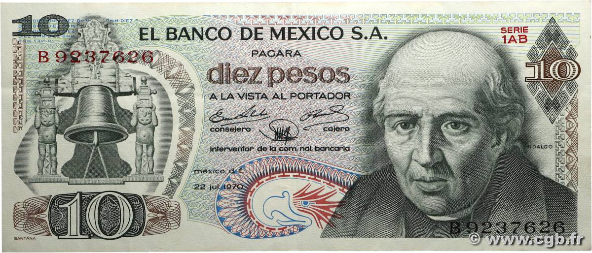 10 Pesos MEXICO 1970 P.063c MBC+