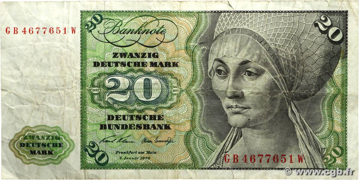 20 Deutsche Mark GERMAN FEDERAL REPUBLIC 1970 P.32a S