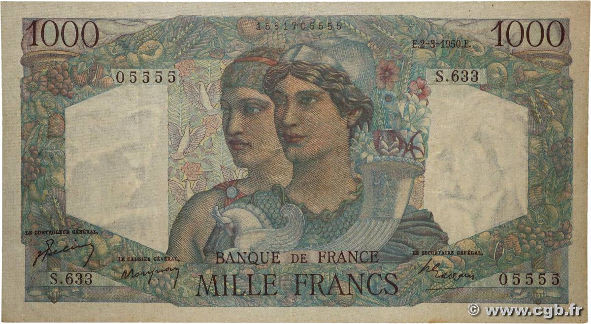 1000 Francs MINERVE ET HERCULE FRANCE 1950 F.41.31 pr.TTB