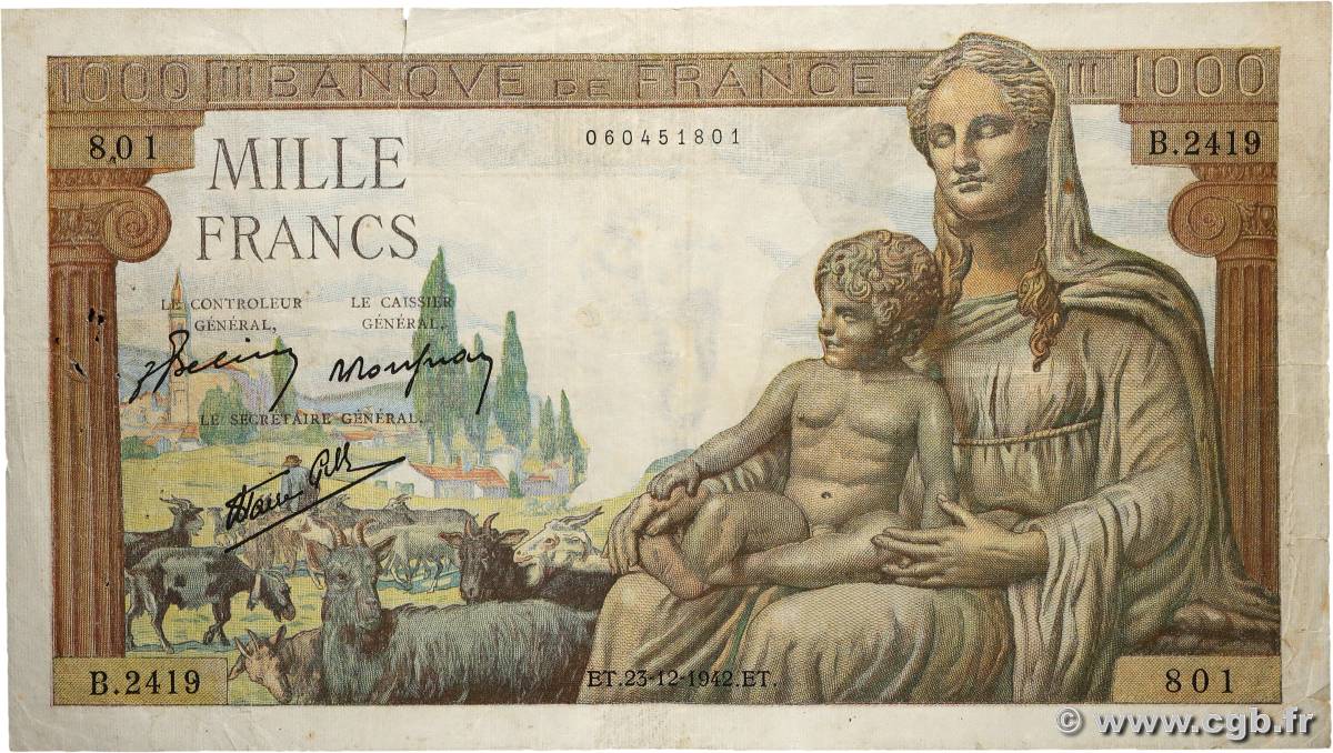 1000 Francs DÉESSE DÉMÉTER FRANCE 1942 F.40.14 F