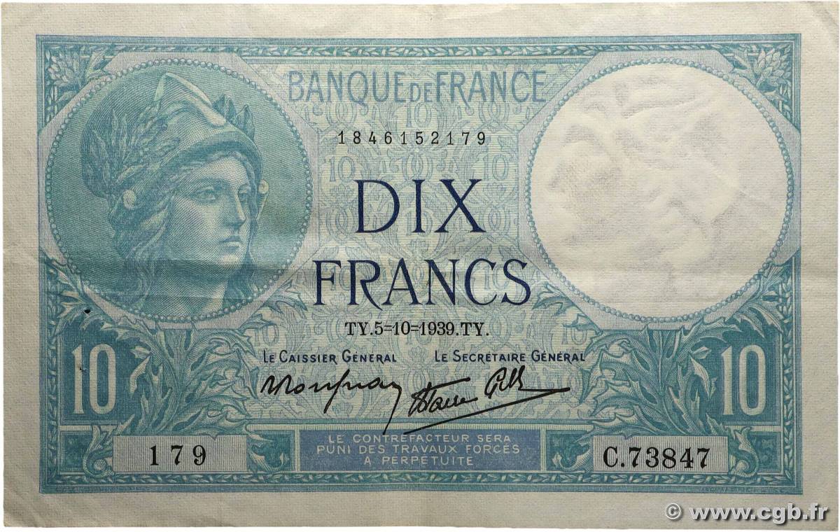 10 Francs MINERVE modifié FRANCE 1939 F.07.10 TTB