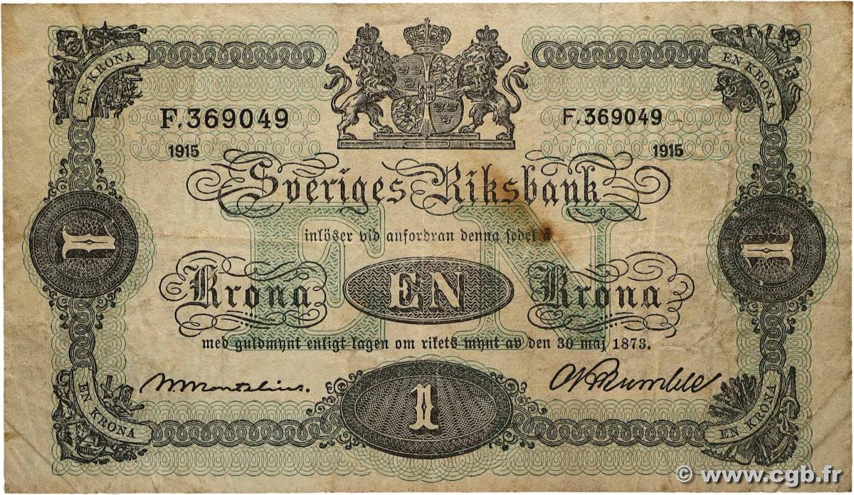 1 Krona SUÈDE 1915 P.32b TB