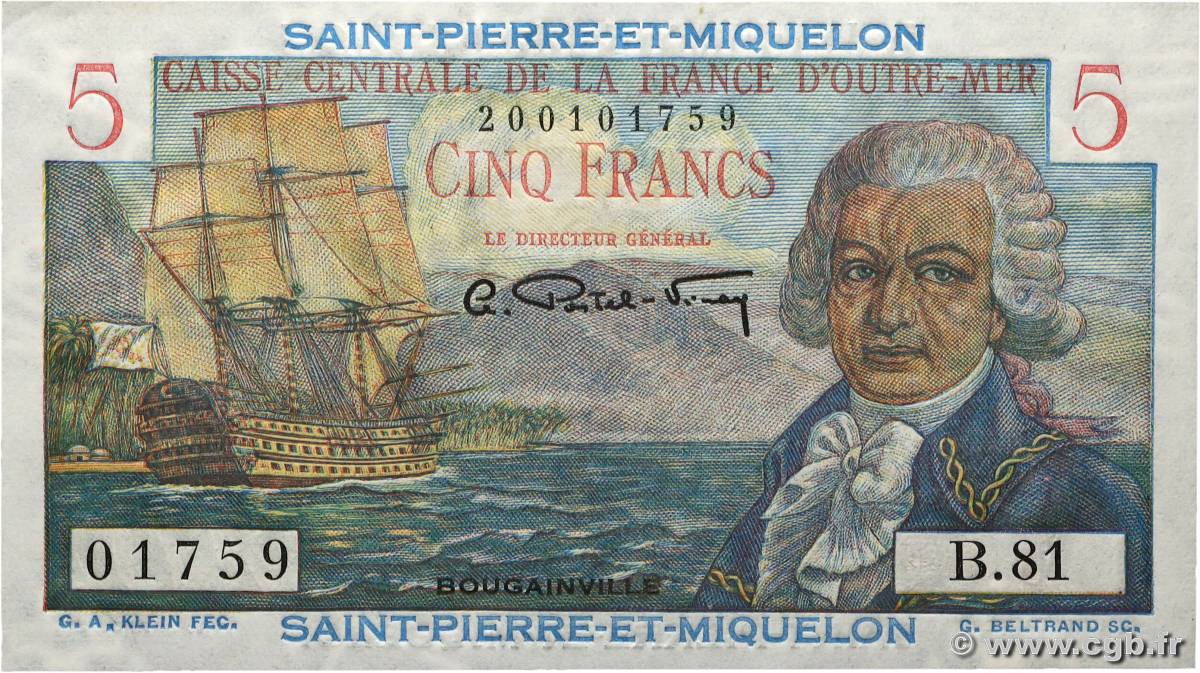 5 Francs Bougainville SAINT PIERRE AND MIQUELON 1946 P.22 UNC-
