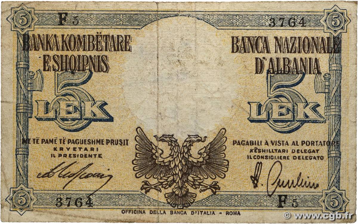 5 Lek ALBANIE 1940 P.10 B+