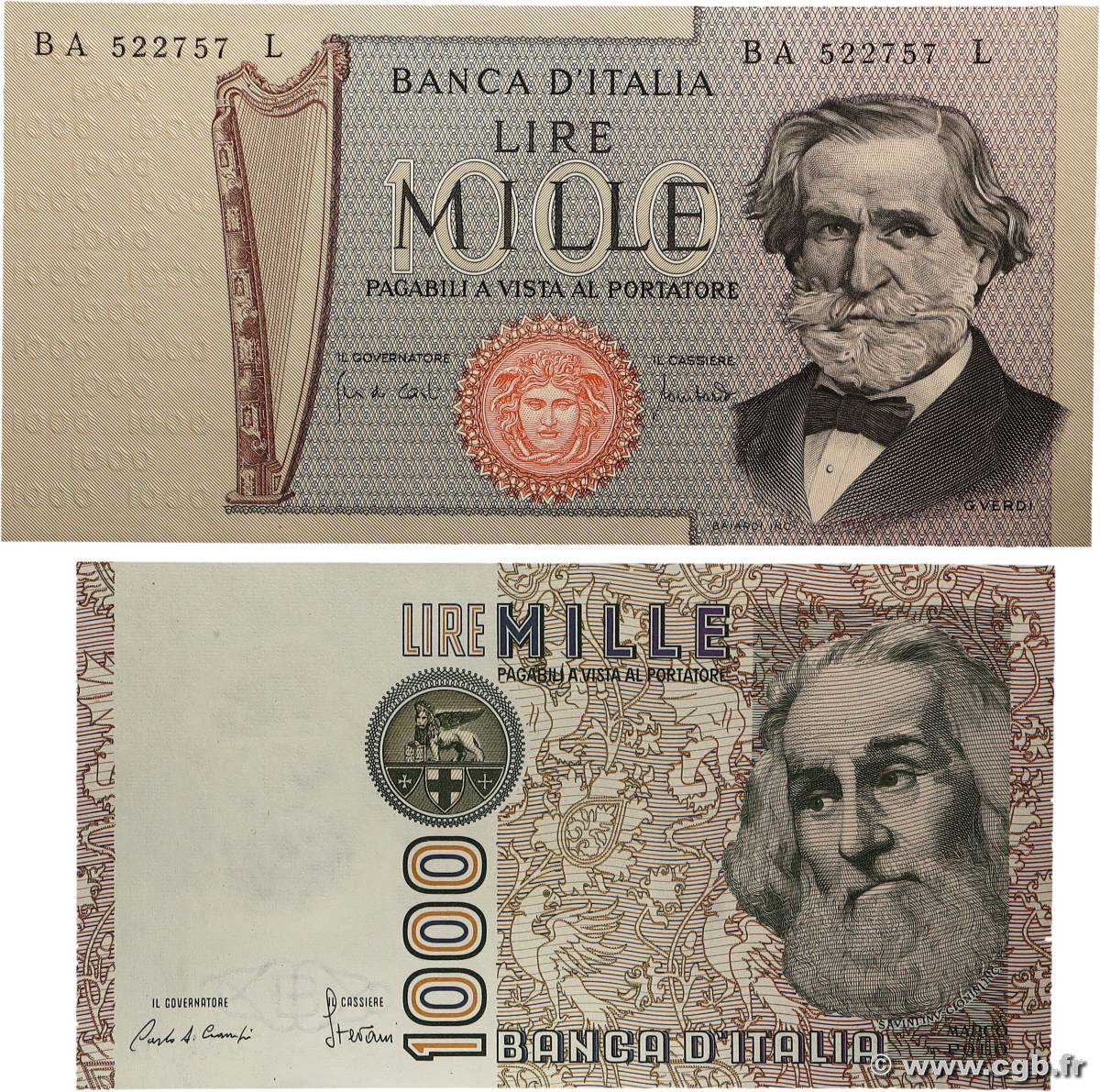 1000 Lire Lot ITALIE 1969 P.101a et P.109a pr.NEUF