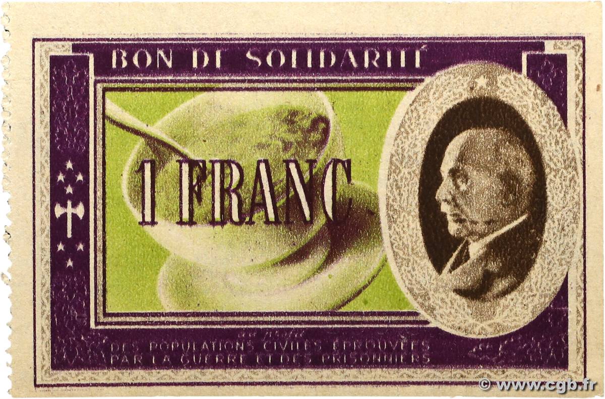 1 Franc BON DE SOLIDARITÉ FRANCE Regionalismus und verschiedenen 1941 KL.02A7 fST
