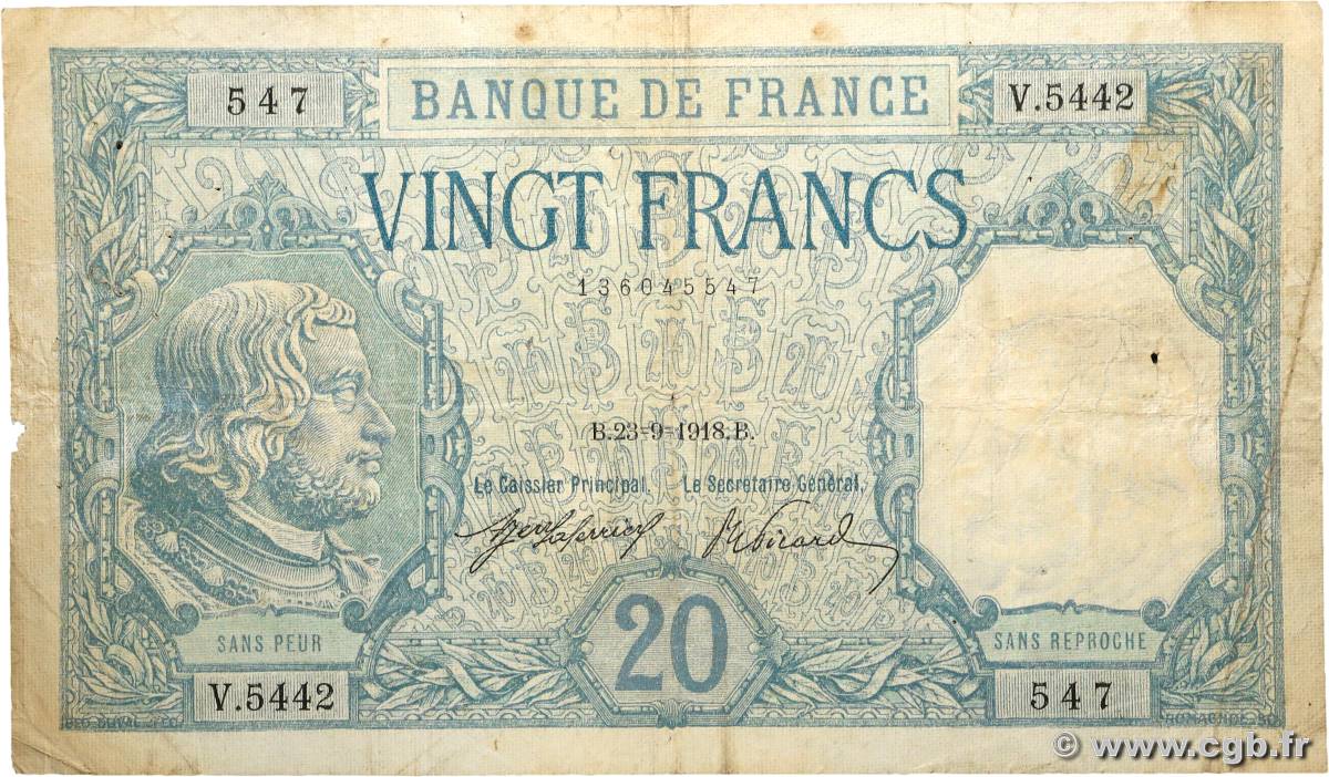 20 Francs BAYARD FRANCE 1918 F.11.03 B+