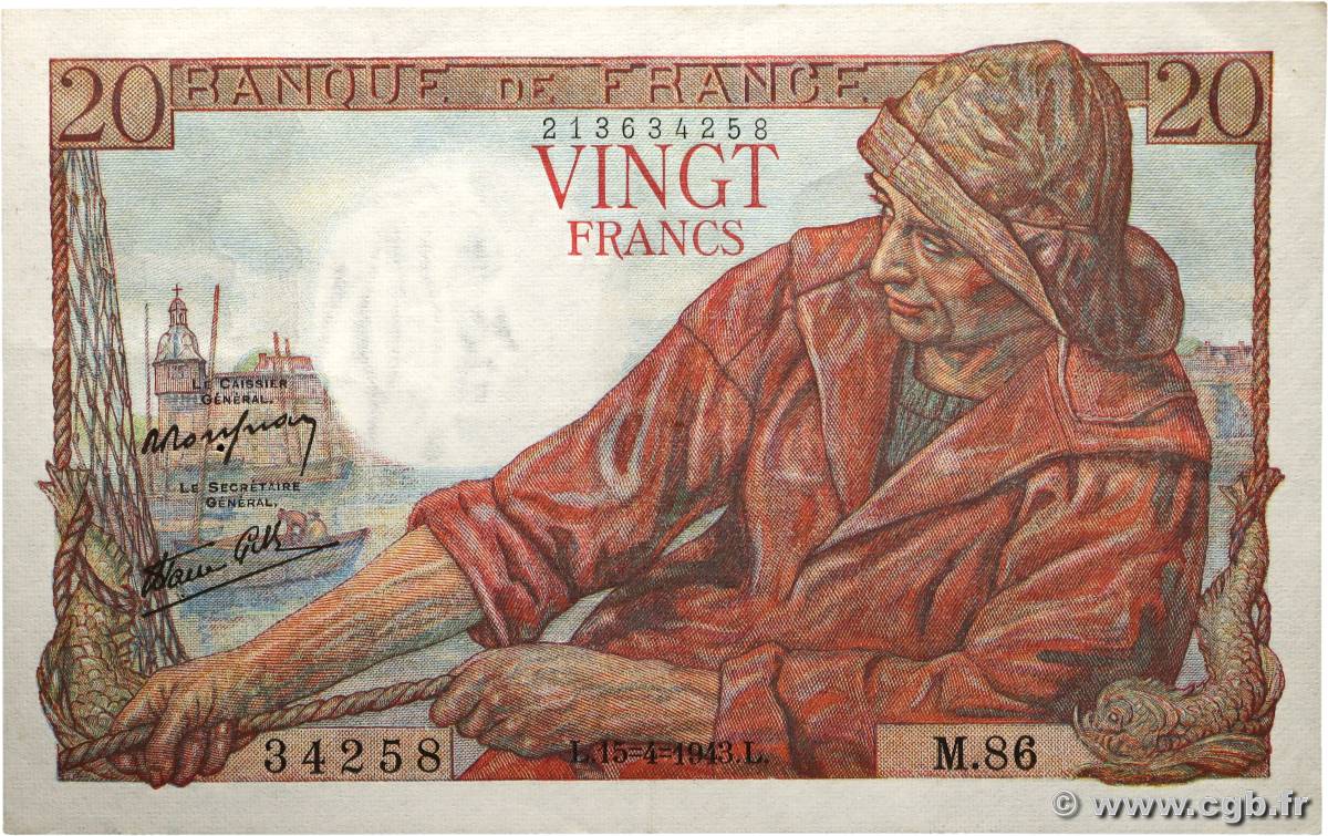 20 Francs PÊCHEUR FRANCE 1943 F.13.06 SUP