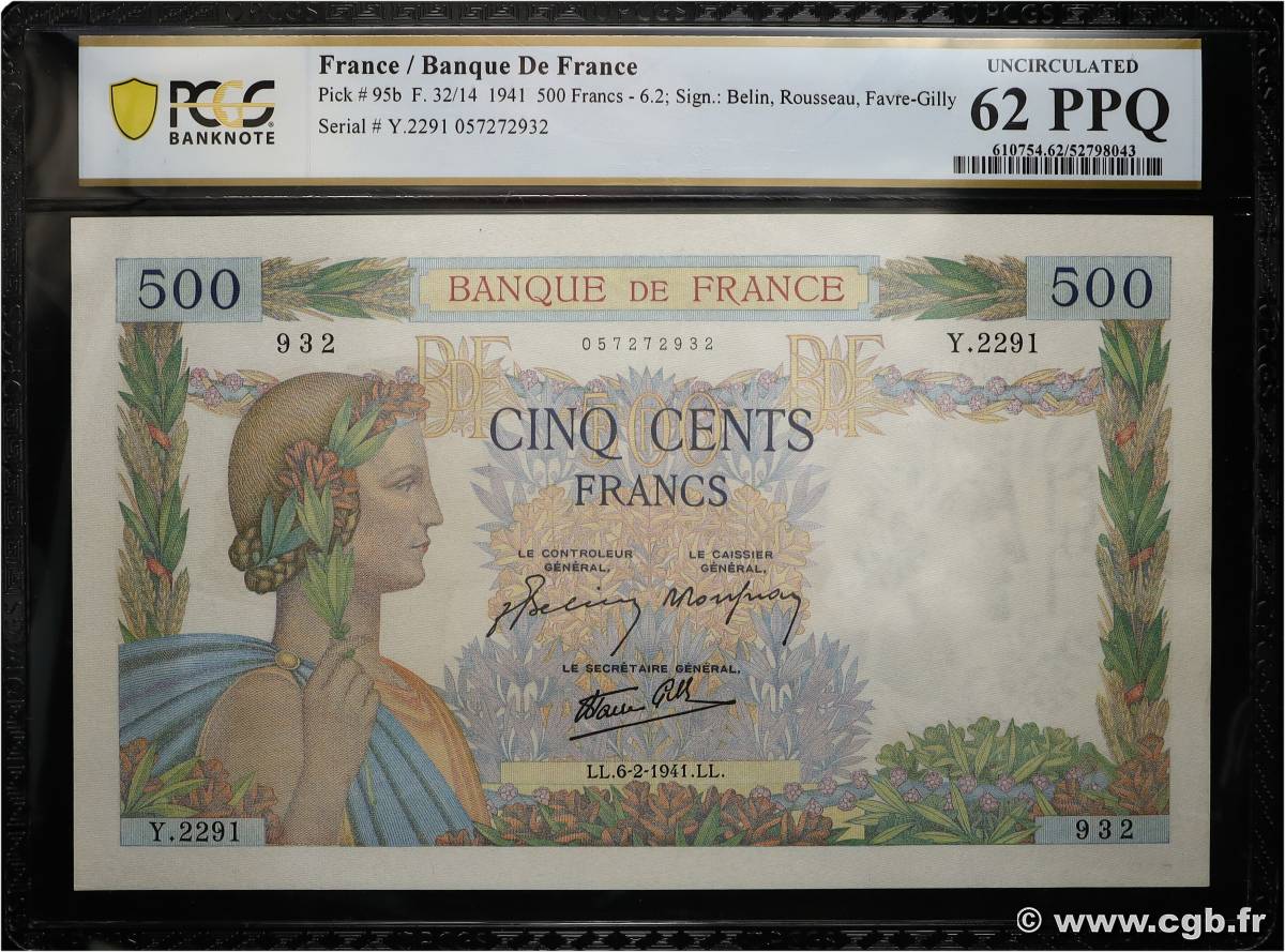 500 Francs LA PAIX FRANKREICH 1941 F.32.14 fST+