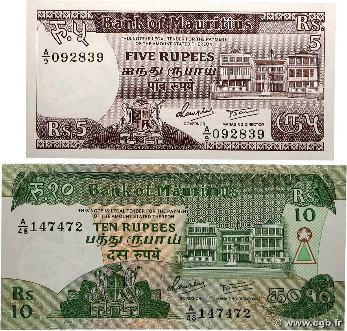 5 et 10 Rupees Lot ÎLE MAURICE 1985 P.34 et P.35b NEUF