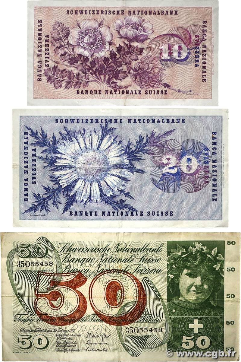 10, 20 et 50 Francs Lot SUISSE 1963 P.45l, P.46j et P.48k TB+
