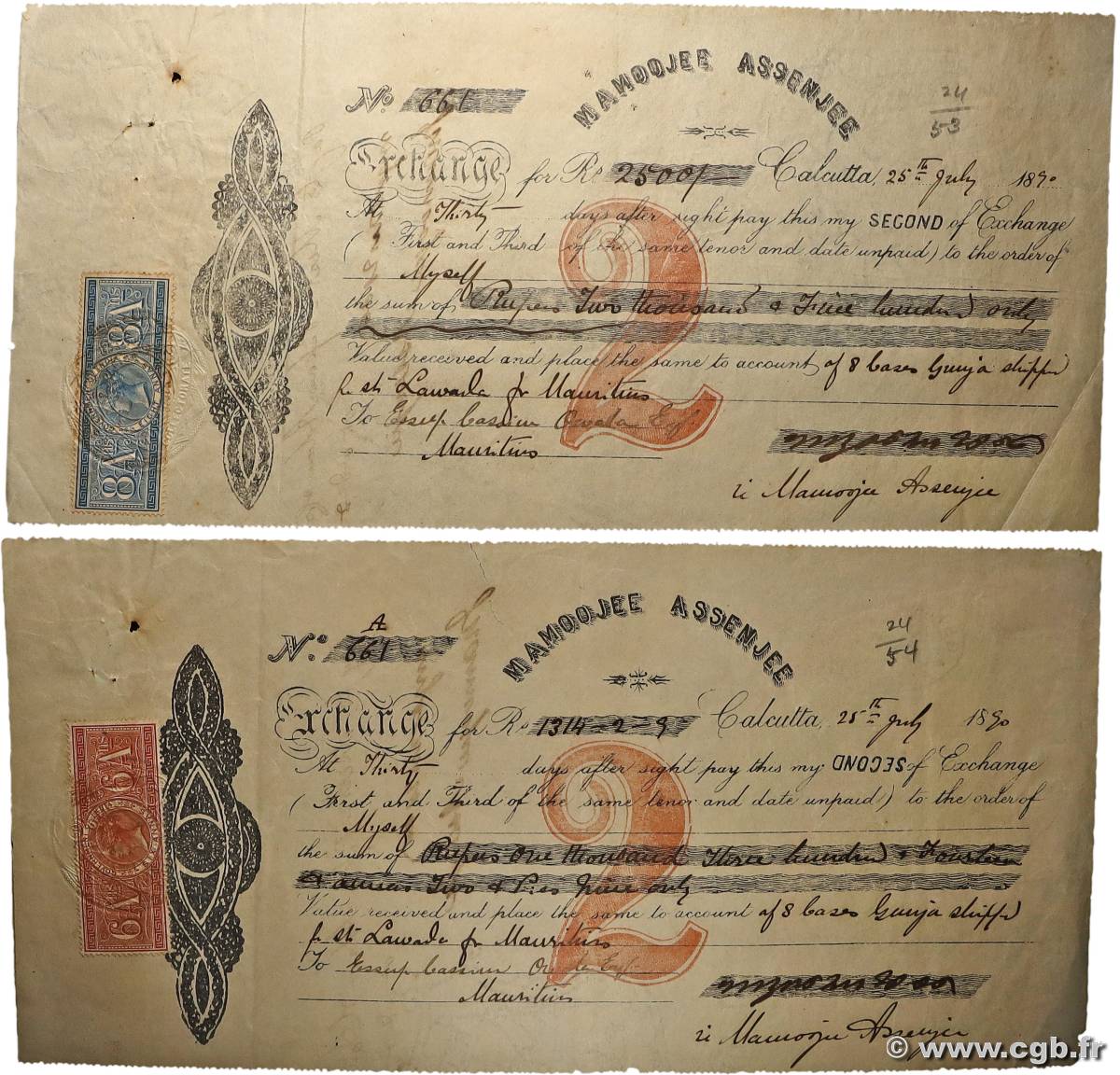 1314 et 2500 Rupees Lot INDES BRITANNIQUES Calcutta 1841 Doc.lettre TTB