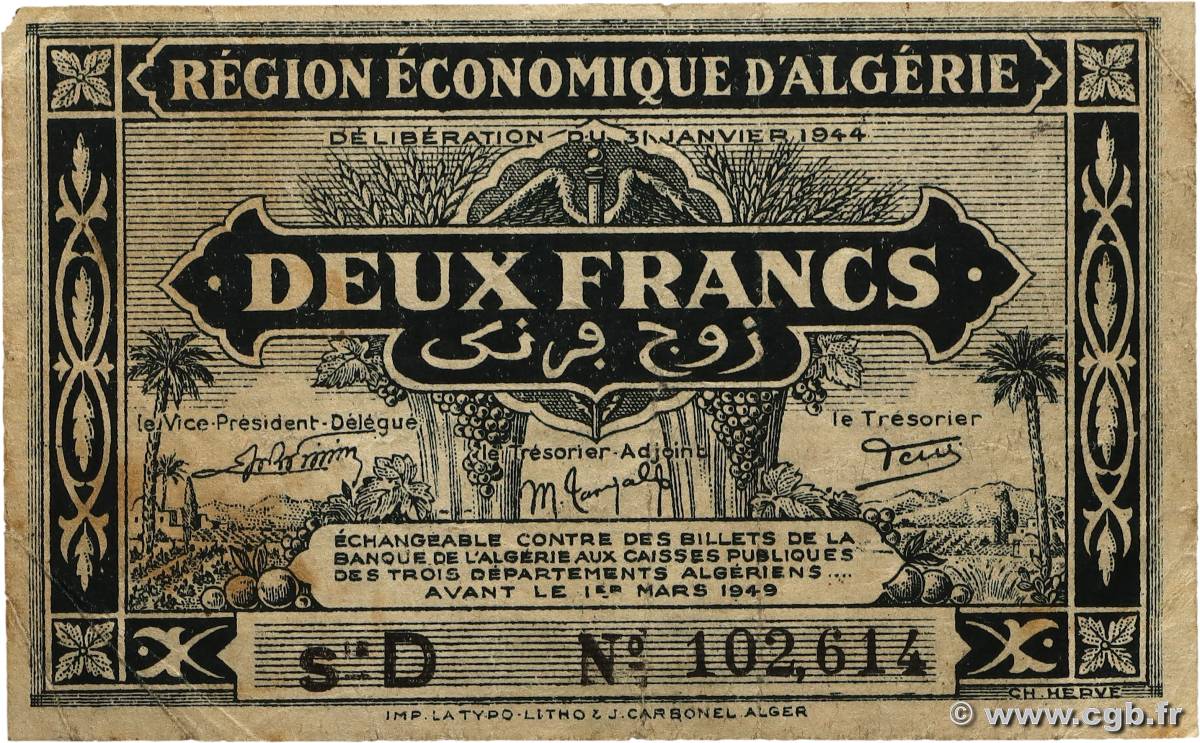 2 Francs ALGÉRIE 1944 P.099b TB+