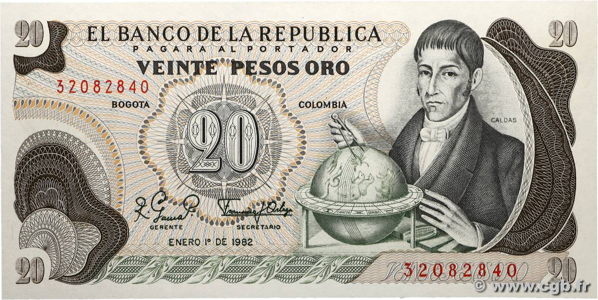 20 Pesos Oro COLOMBIE 1982 P.409d NEUF