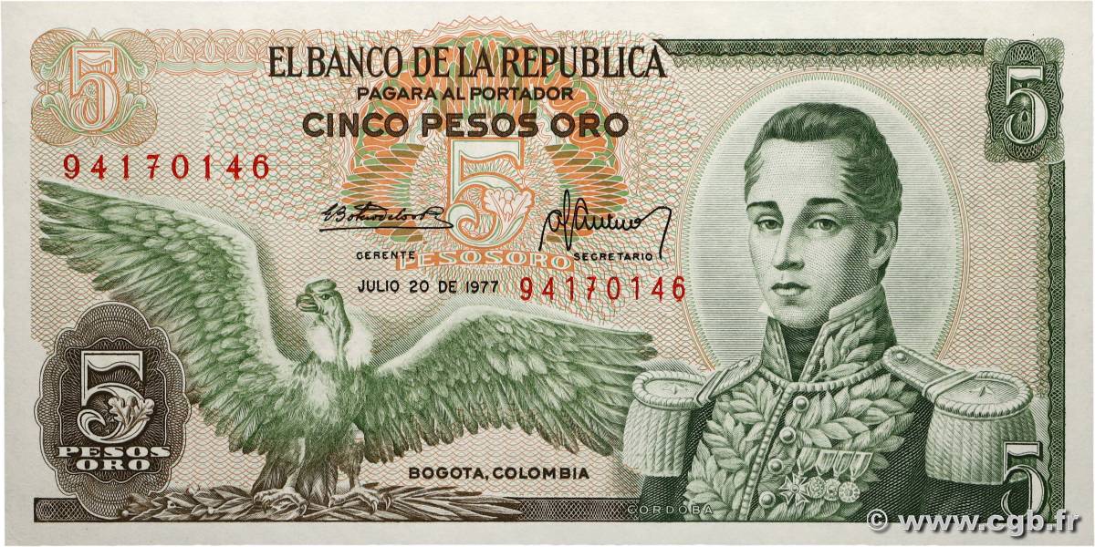 5 Pesos Oro COLOMBIE 1977 P.406e NEUF