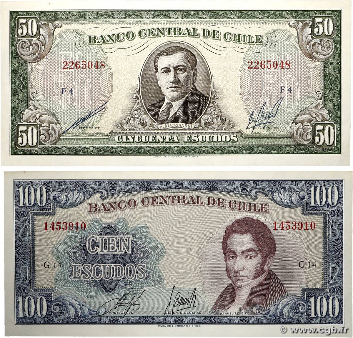 50 et 100 Escudos Lot CHILI 1964 P.140b et P.141a SPL+