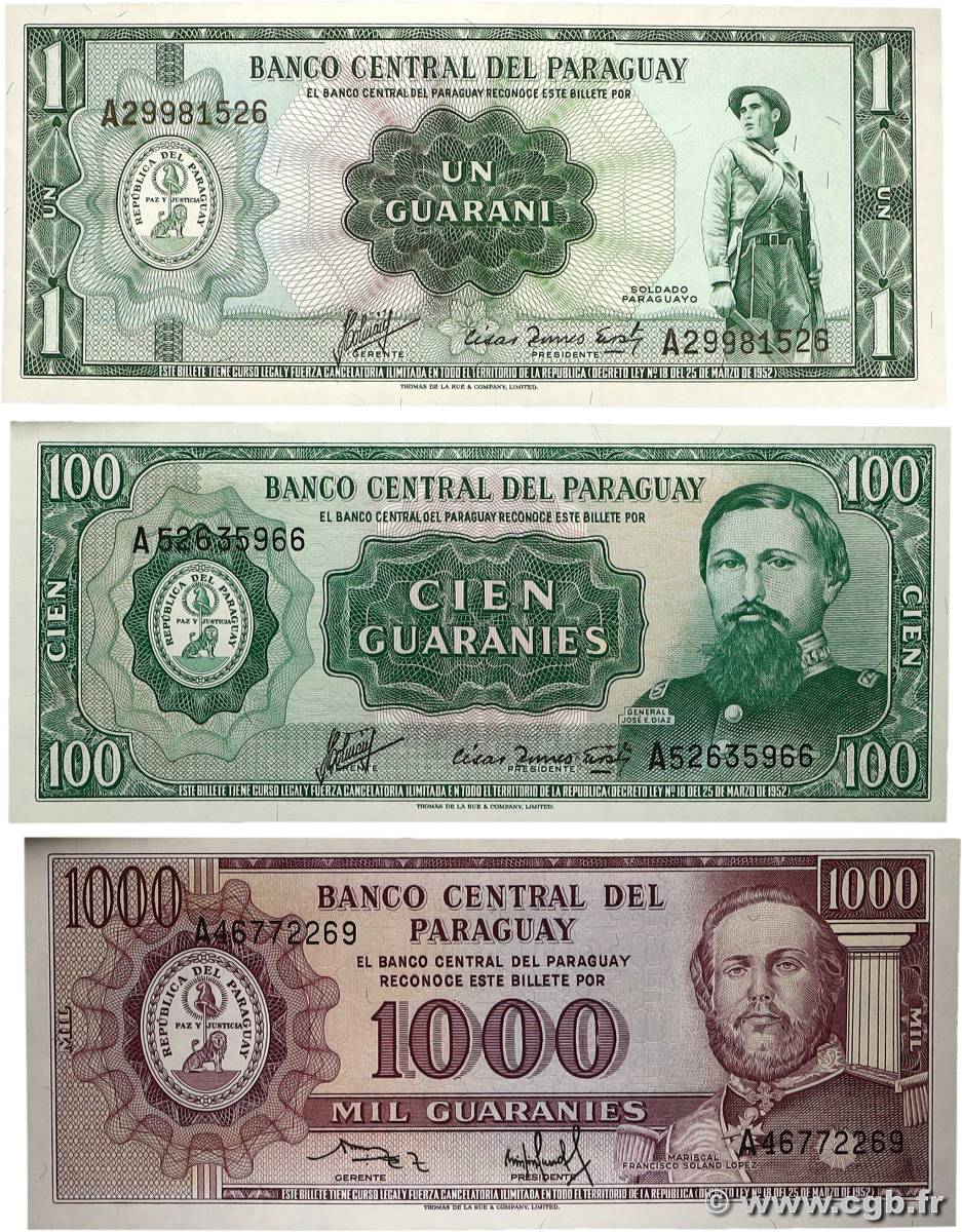 1, 100 et 1000 Guaranies Lot PARAGUAY 1982 P.193b, P.205 et P.207 pr.NEUF