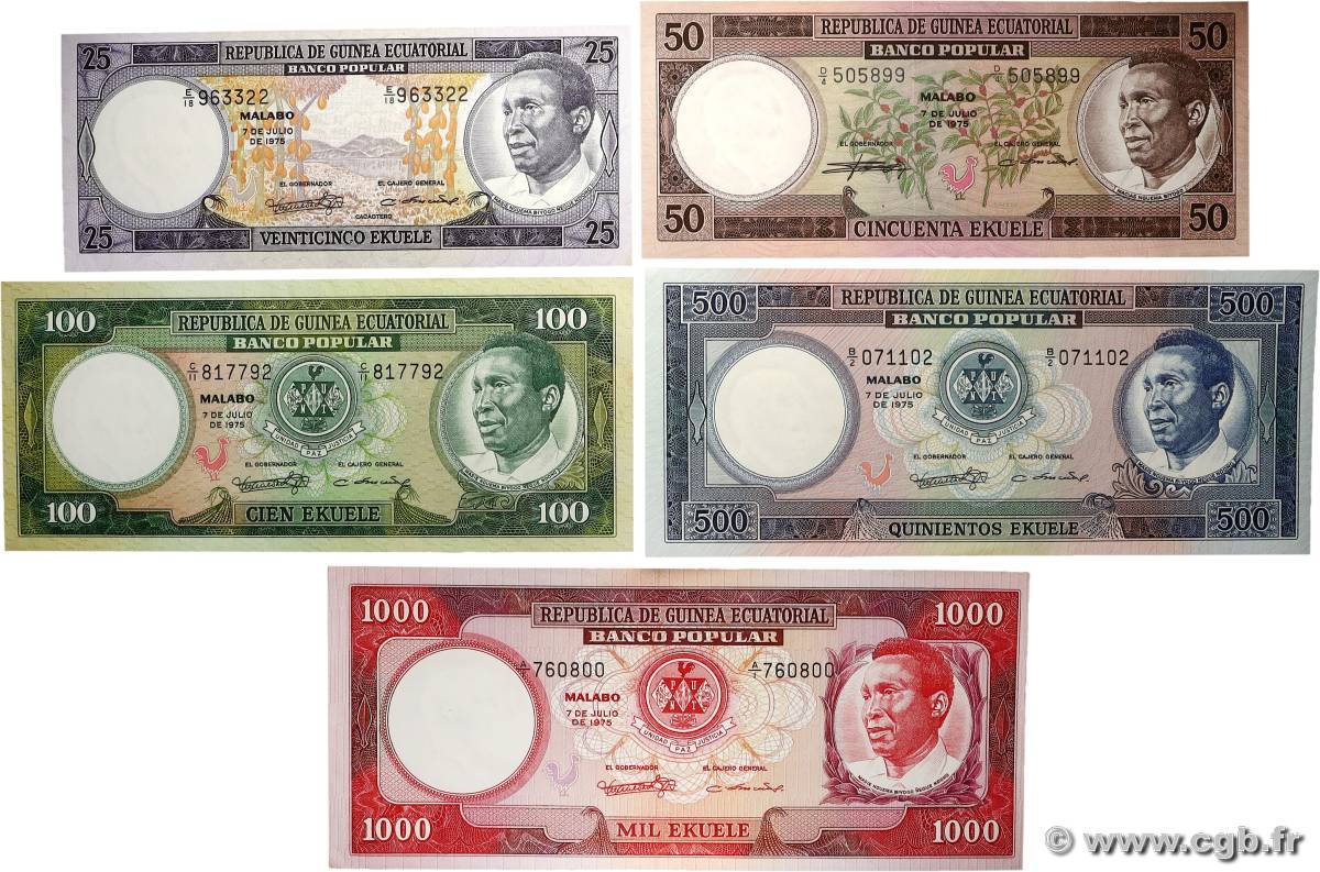 25 à 1000 Ekuele Lot GUINÉE ÉQUATORIALE 1975 P.05, P.09, P.11, P.12 et P.13 pr.NEUF