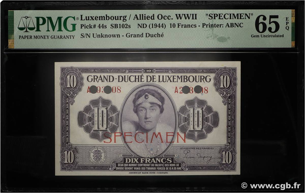 10 Francs Spécimen LUXEMBURG 1944 P.44s ST