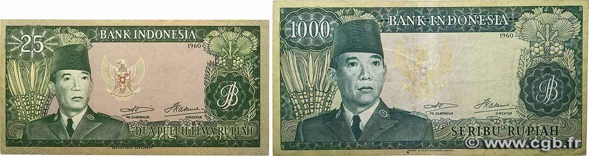 25 et 1000 Rupiah Lot INDONESIEN 1960 P.084b et P.088b SS