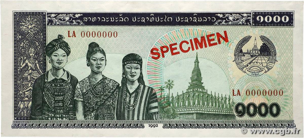 1000 Kip Spécimen LAOS 1992 P.32as SPL+