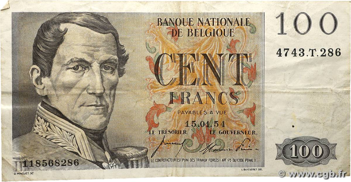 100 Francs BELGIQUE 1954 P.129b TB