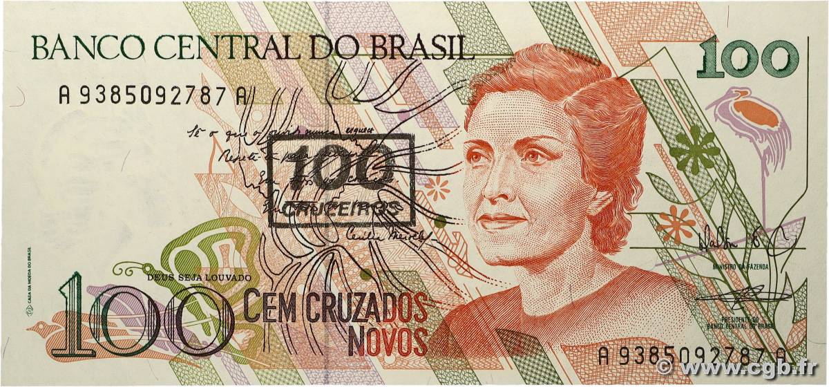 100 Cruzeiros sur 100 Cruzados Novos BRAZIL 1990 P.224b UNC