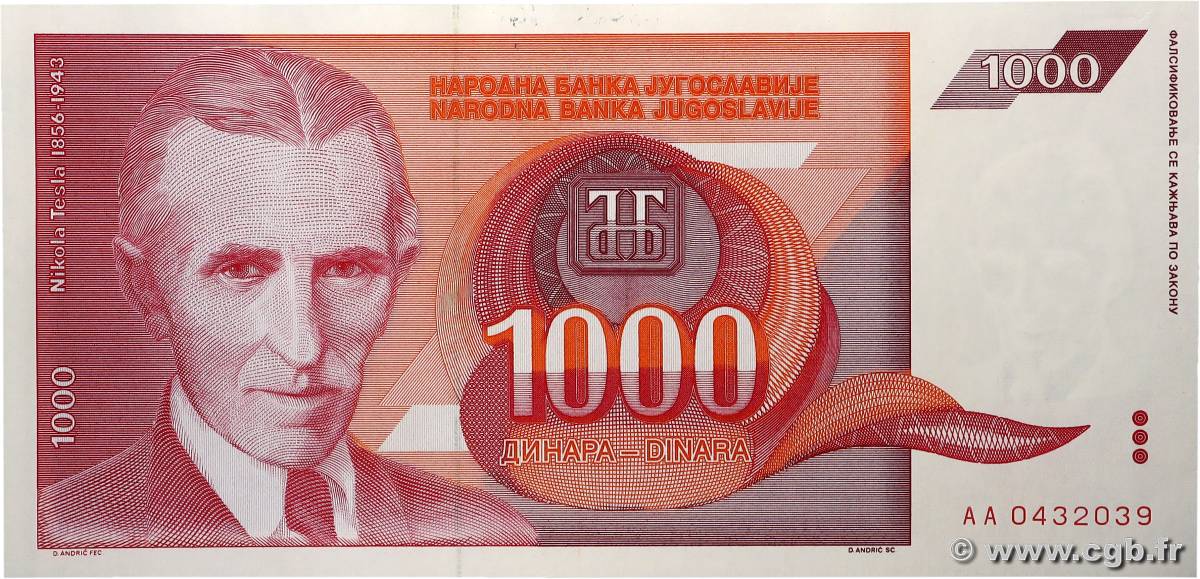 1000 Dinara YOUGOSLAVIE 1992 P.114 SUP+