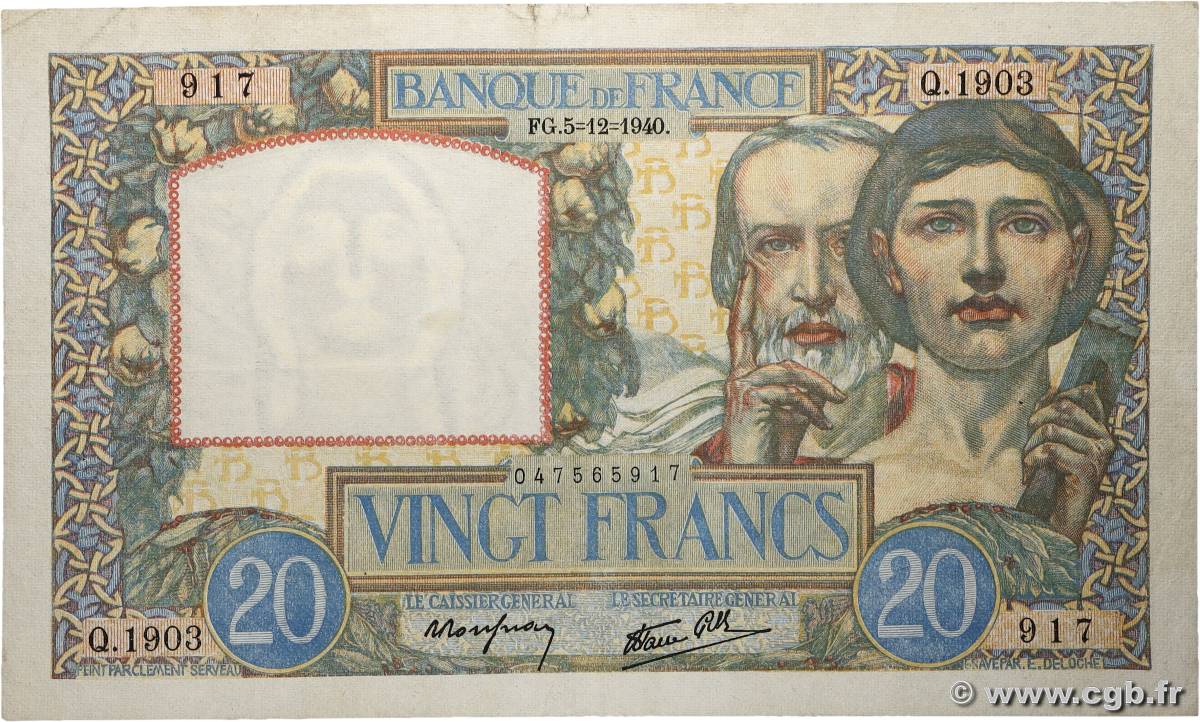 20 Francs TRAVAIL ET SCIENCE FRANCE 1940 F.12.10 TB+